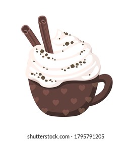 Coffee in a romantic brown Cup with whipped cream and spices . Vector drawing on a white background isolated. Doodle.