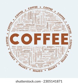 Coffee - round badge. Text coffee with keywords word clouds and circular text. Panel color theme and grunge texture. Neat vector illustration.