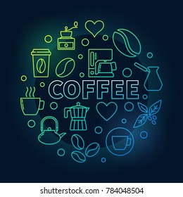 Coffee round colored illustration. Vector concept sign made with line coffee icons on dark background