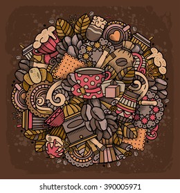 Coffee Round Design in Outline Hand Drawn Doodle Style with Different Objects on Coffee Theme. All elements are separated and editable. Vector Illustration.