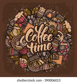 Coffee Round Design in Outline Hand Drawn Doodle Style with Different Objects on Coffee Theme. All elements are separated and editable. Calligraphic Lettering Coffee Time. Vector Illustration. 