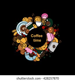 Coffee Round Design in Outline Hand Drawn Doodle Style with Different Objects on Coffee Theme. All elements are separated and editable. 