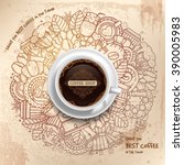 Coffee Round Design in Vintage Outline Hand Drawn Doodle Style with Different Objects on Coffee Theme.  Realistic Vector Coffee Cup on Center. Vector Illustration. 
