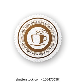 Coffee round paper emblem on wooden background. Vector illustration