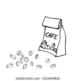 Coffee sack and coffee beans. Craft paper bag with coffee beans. Isolated on white. Traditional coffe package. Hand drawn style. Line art sketh. Vector illustration