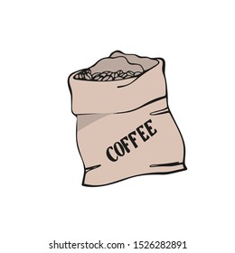 Coffee sack. Canvas bag with coffee beans. Isolated on white. Traditional coffe package. Hand drawn style. Line art sketh. Colorful vector illustration