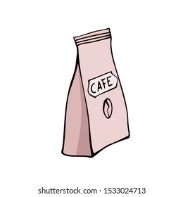 Coffee sack. Craft paper bag with coffee beans. Isolated on white. Traditional coffe package. Hand drawn style. Line art sketh. Vector illustration