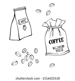Coffee sacks and coffee beans. Craft paper and canvas bags with coffee beans. Isolated on white. Traditional coffe package. Hand drawn style. Line art sketh. Vector illustration