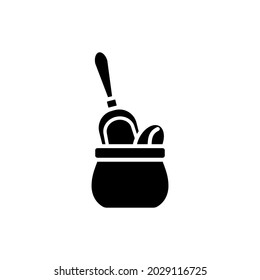 Coffee sacs with scoop and beans glyph icon. Black silhouette symbol. Isolated vector stock illustration