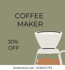 Coffee sale label or banner square template. Retro design, flat illustration. Coffee maker on green background.