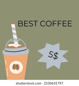 Coffee sale label or banner square template. Retro design, flat illustration. Coffee cup on green background.