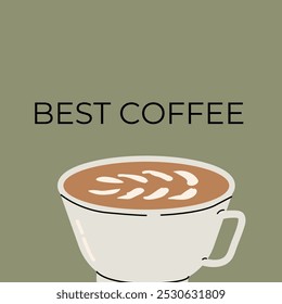Coffee sale label or banner square template. Retro design, flat illustration. Coffee cup on green background.