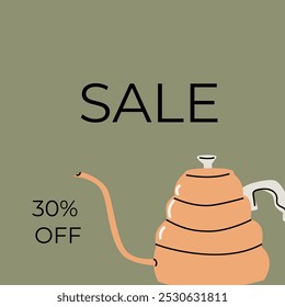 Coffee sale label or banner square template. Retro design, flat illustration. Coffee cup on green background.