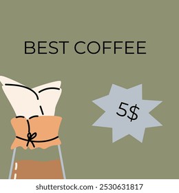 Coffee sale label or banner square template. Retro design, flat illustration. Coffee maker on green background.