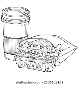 Coffee and sandwich to go. Fast food take away. Quick delivery. Close up vector illustration in hand drawn sketch doodle style. Line art isolated on white for coloring book, print