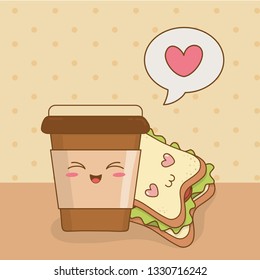 coffee with sandwich kawaii characters