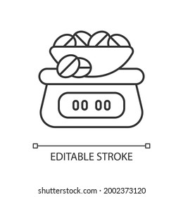 Coffee scale linear icon. Appliance for measuring beans weight. Barista accessories. Thin line customizable illustration. Contour symbol. Vector isolated outline drawing. Editable stroke