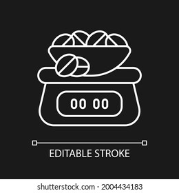 Coffee scale white linear icon for dark theme. Appliance for measuring beans weight. Thin line customizable illustration. Isolated vector contour symbol for night mode. Editable stroke
