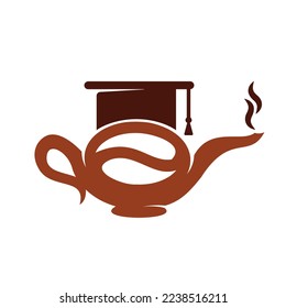 Coffee School Kettle logo design icon template.  Graduation cap Coffee pot design vector.