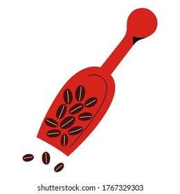 Coffee scoop con pila de granos de café, utensil para café, utensilios de cocina, cuchilla de madera, icono aislado, doodle dibujado a mano ilustración vectorial