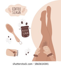 Coffee scrub concept. Woman exfoliating legs with massage gloves. Home body care. Bath time. Vector illustration in cartoon style.