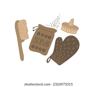 Coffee scrub, glove and brush for anti-cellulite body massage. Accessories for scrub and peeling procedures. Modern style illustration isolated on white background. Body care products concept.