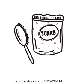 Coffee scrub and massage brush. Linear doodle style. Cellulite cosmetics. Slimming and personal care concept. All elements are isolated on a white background. Vector. For print and web.