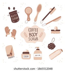 Coffee Scrub And Massage Brushes. Exfoliation Skin With Organic Products. Cellulite Cosmetic. Body Care Concept. Vector Illustration In Cartoon Style.