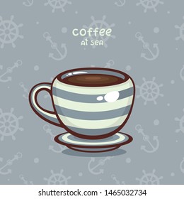Coffee at sea. Cute Vector illustration. Striped mug on seamless pattern. Template for logo, postcard and menu design.