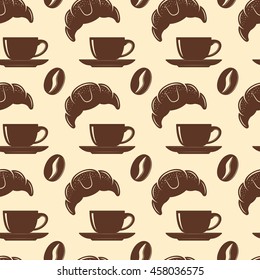 Coffee seamless background pattern with isolated brown silhouettes of coffee and croissant vector illustration