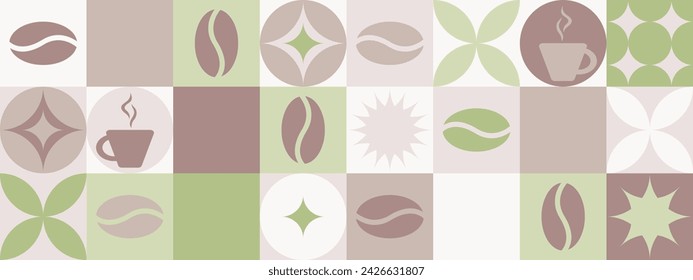 Fondo transparente de café para textil y papel pintado con formas geométricas y granos de café. Plantilla de salpicadura de moda con una taza en tonos marrones y verdes.
