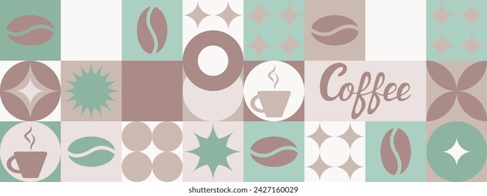 Coffee seamless background for textile and wallpaper with geometric shapes and coffee beans. Fashionable splash template with a cup in brown and green tones.