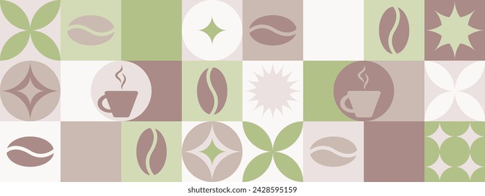 Nahtloser Kaffeehintergrund für Textilien und Tapeten mit geometrischen Formen und Kaffeebohnen. Modische Splash-Vorlage mit einer Tasse in Braun- und Grüntönen.