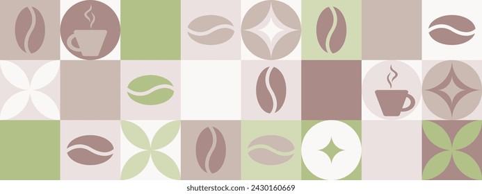 Coffee seamless background for textile and wallpaper with geometric shapes and coffee beans. Fashionable splash template with a cup in brown and green tones.