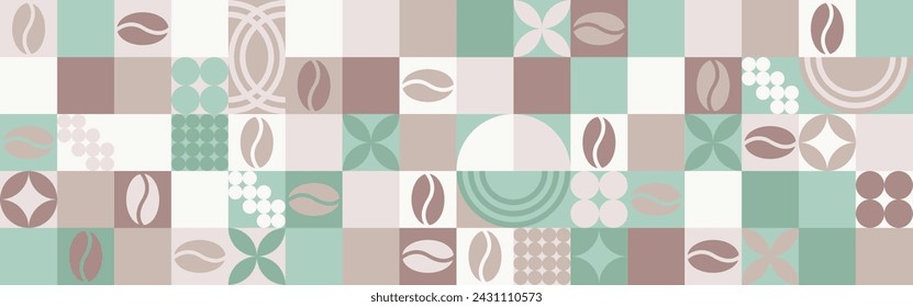 Coffee seamless background for textile and wallpaper with geometric shapes and coffee beans. Fashionable splash template with a cup in brown and green tones.