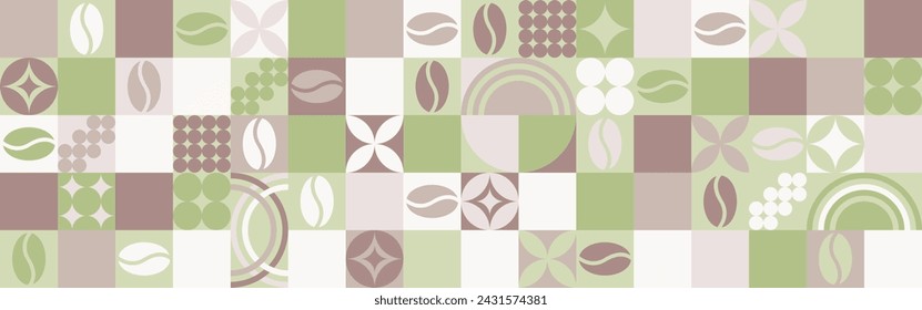 Fondo transparente de café para textil y papel pintado con formas geométricas y granos de café. Plantilla de salpicadura de moda con una taza en tonos marrones y verdes.