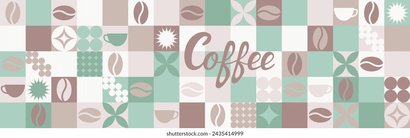 Coffee seamless background for textile and wallpaper with geometric shapes and coffee beans. Fashionable splash template with a cup in brown and green tones.
