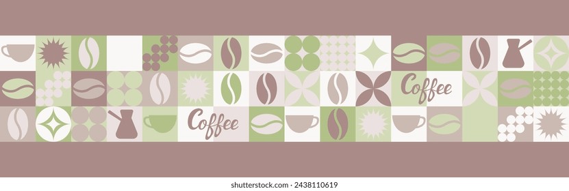 Coffee seamless background for textile and wallpaper with geometric shapes and coffee beans. Fashionable splash template with a cup in brown and green tones.