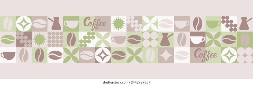 Coffee seamless background for textile and wallpaper with geometric shapes and coffee beans. Fashionable splash template with a cup in brown and green tones.