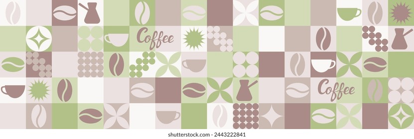 Coffee seamless background for textile and wallpaper with geometric shapes and coffee beans. Fashionable splash template with a cup in brown and green tones.