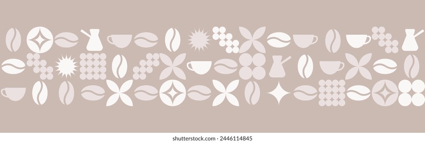 Coffee seamless background for textile and wallpaper with geometric shapes and coffee beans. Fashionable splash template with a cup in brown and green tones.