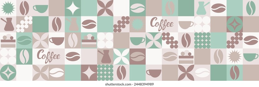 Nahtloser Kaffeehintergrund für Textil und Bildschirmhintergrund mit geometrischen Formen und Kaffeebohnen. Modische Splash-Vorlage mit einer Tasse in Braun- und Grüntönen.