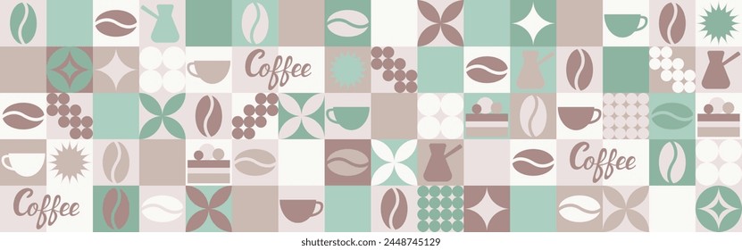 Nahtloser Kaffeehintergrund für Textil und Bildschirmhintergrund mit geometrischen Formen und Kaffeebohnen. Modische Splash-Vorlage mit einer Tasse in Braun- und Grüntönen.