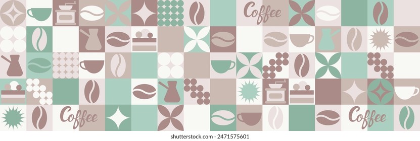 Fondo sin costuras de café para textil y Fondo de pantalla con Formas geométricas y granos de café. Plantilla de salpicadura de moda con una taza en tonos marrones y verdes.
