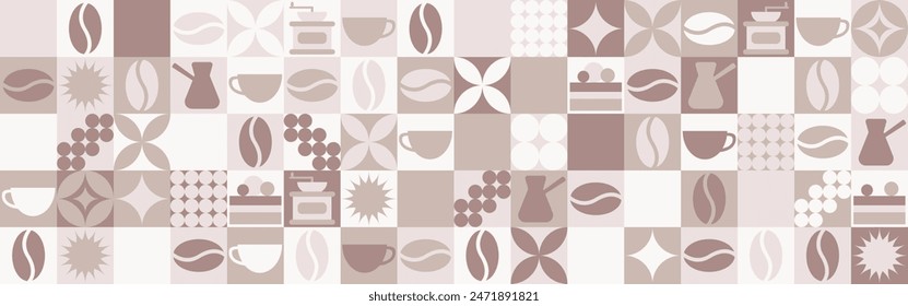 Coffee seamless background for textile and wallpaper with geometric shapes and coffee beans. Fashionable splash template with a cup in brown and green tones.