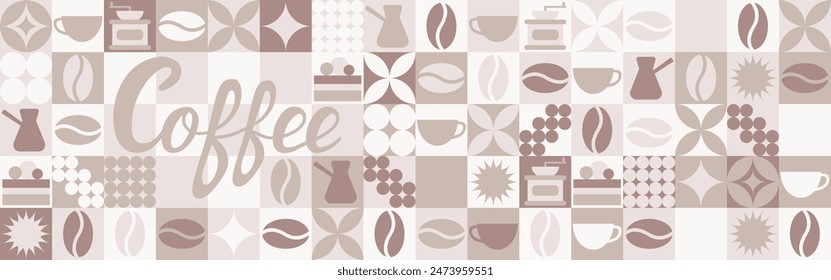 Coffee seamless background for textile and wallpaper with geometric shapes and coffee beans. Fashionable splash template with a cup in brown and green tones.