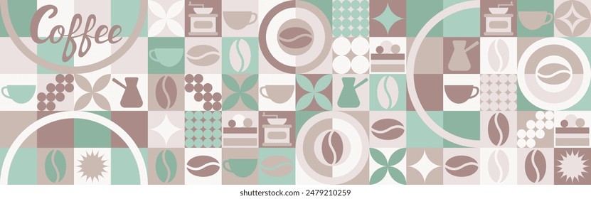 Fondo sin costuras de café para textil y Fondo de pantalla con Formas geométricas y granos de café. Plantilla de salpicadura de moda con una taza en tonos marrones y verdes.