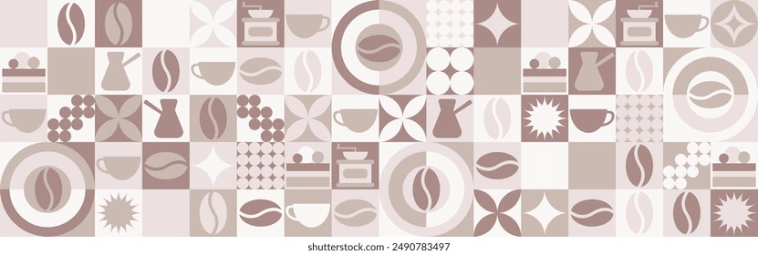 Coffee seamless background for textile and wallpaper with geometric shapes and coffee beans. Fashionable splash template with a cup in brown and green tones.