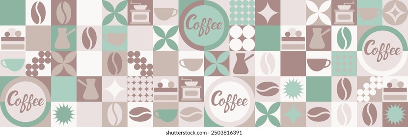 Coffee seamless background for textile and wallpaper with geometric shapes and coffee beans. Fashionable splash template with a cup in brown and green tones.