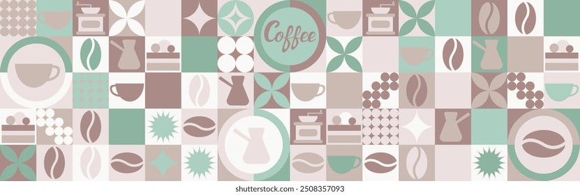 Café fundo sem costura para têxteis e papel de parede com formas geométricas e grãos de café. Modelo de splash na moda com uma xícara em tons de marrom e verde.